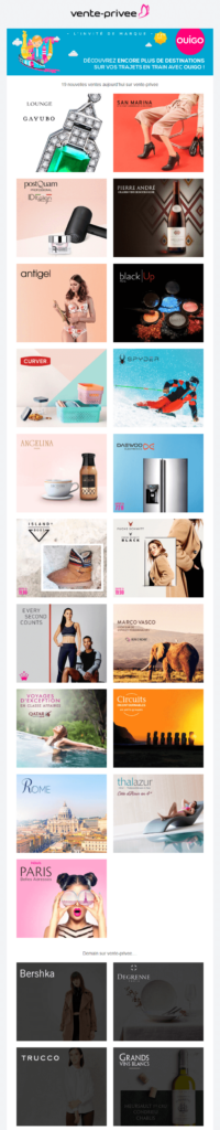 Chez vente-privée, c'est le design de l'email et des marques qui fait l'attrait de la promotion. Email marketing e-commerce de vente-privée : email promotionnel