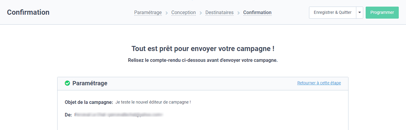 La dernière étape de vérification avant l'envoi présente clairement tous les points importants Brevo : vérifiez les éléments les plus importants de votre emailing
