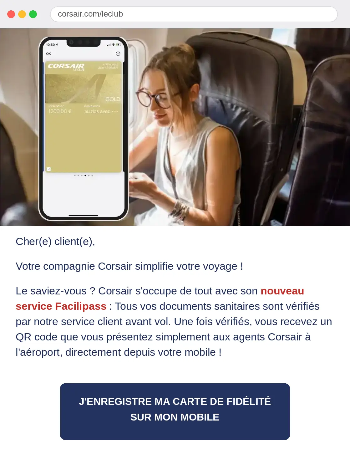 Carte Corsair téléchargée dans le mobile du client