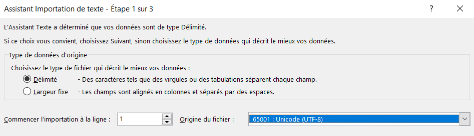 Assistant Importation de texte - Etape 1 Choix du type et de l'origine du fichier