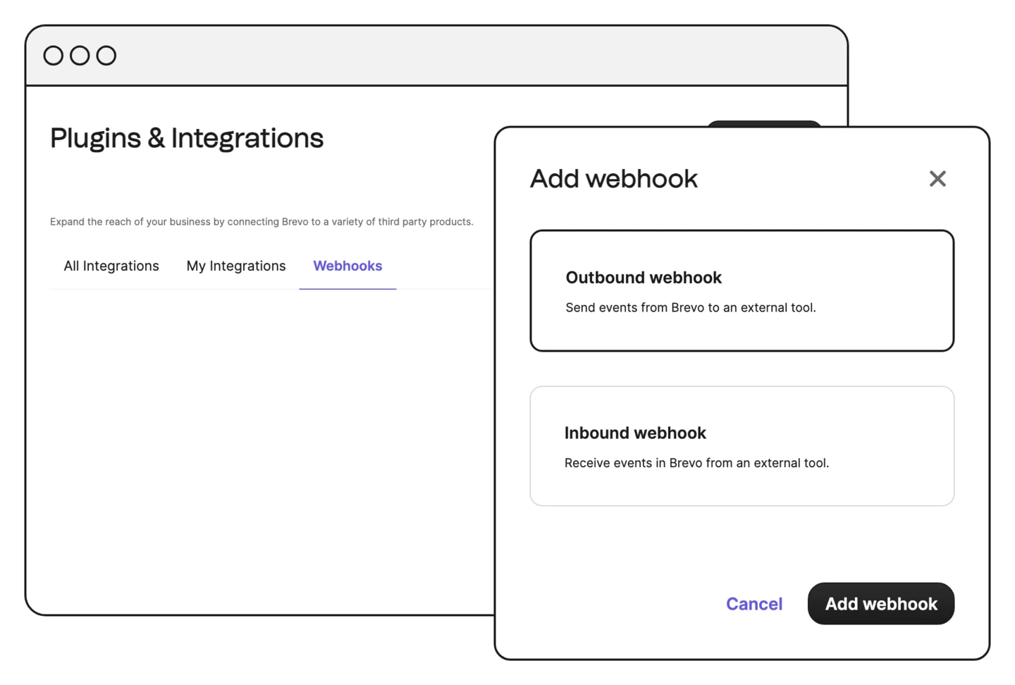 Finestra Aggiungi webhook di Brevo con il webhook in uscita selezionato