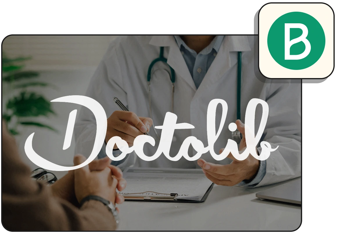 Medico che parla con un paziente con il logo Doctolib e il logo Brevo.