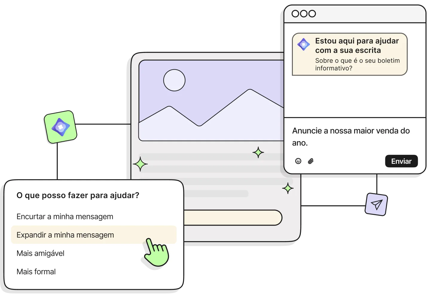 A IA escreve, personaliza e envia para você
