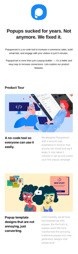 Email newsletter about a product update for popups.