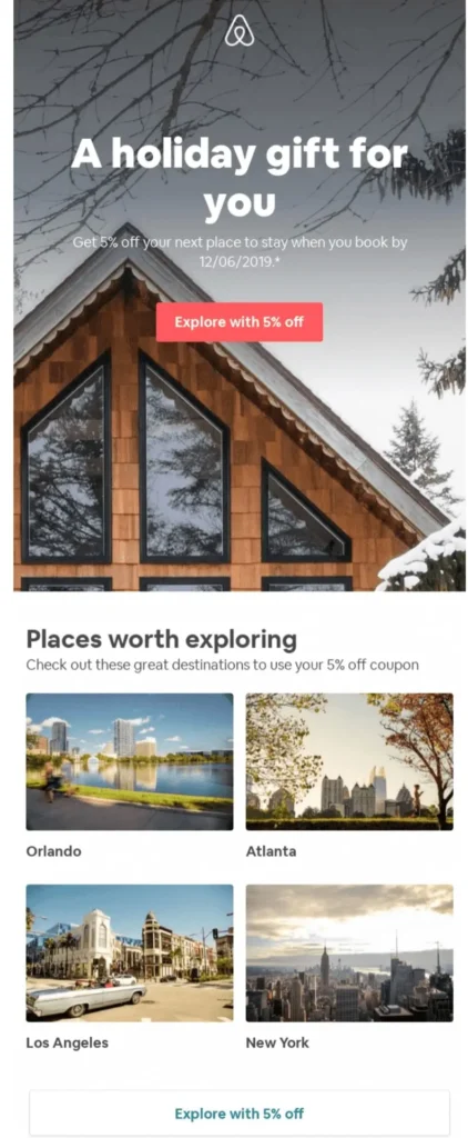 Airbnb example holiday email showing winter vacation spots.