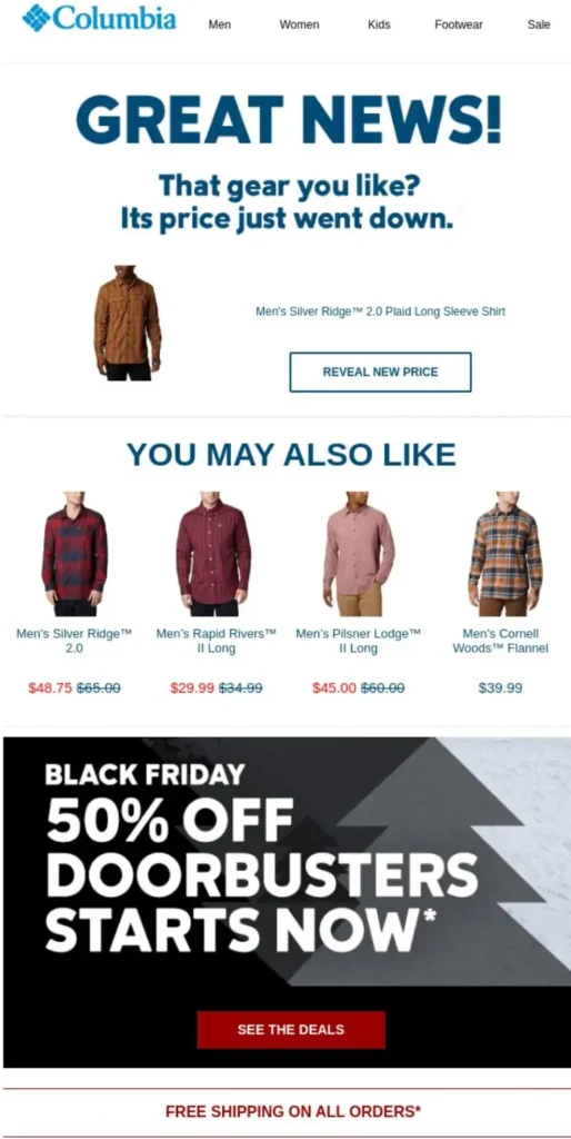 Columbia's holiday email marketing campaign shows flannel shirts on sale.