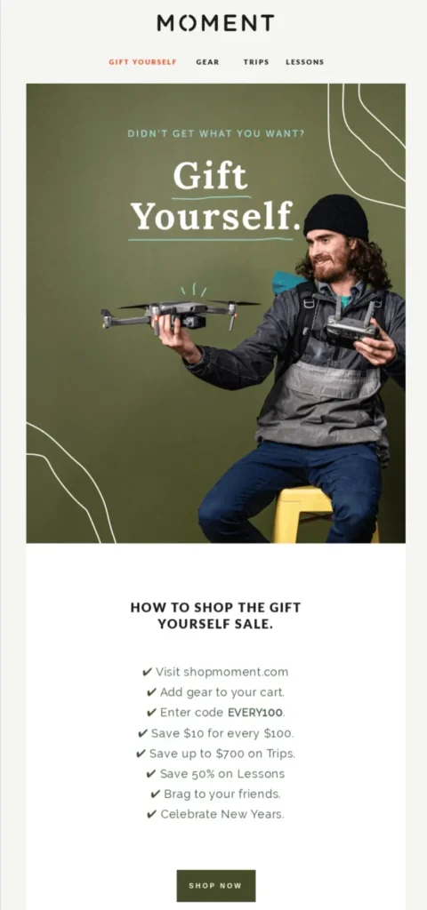 Moment example post-holiday email for a holiday email campaign. The email shows codes and savings.