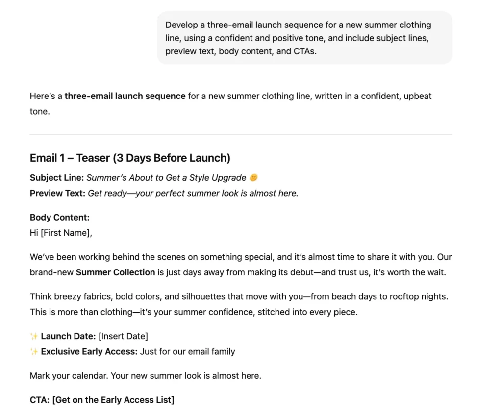 ChatGPT for writing marketing copy in an email sequence