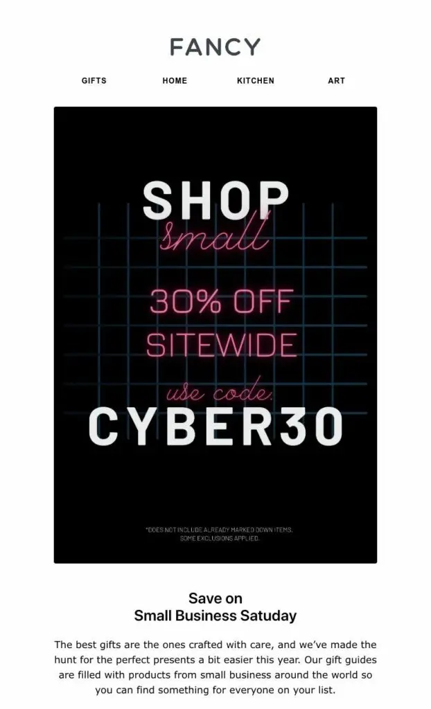 A black holiday email marketing campaign with white and pink writing that says "shop small, 30% off sitewide". Small Business Saturday promotion