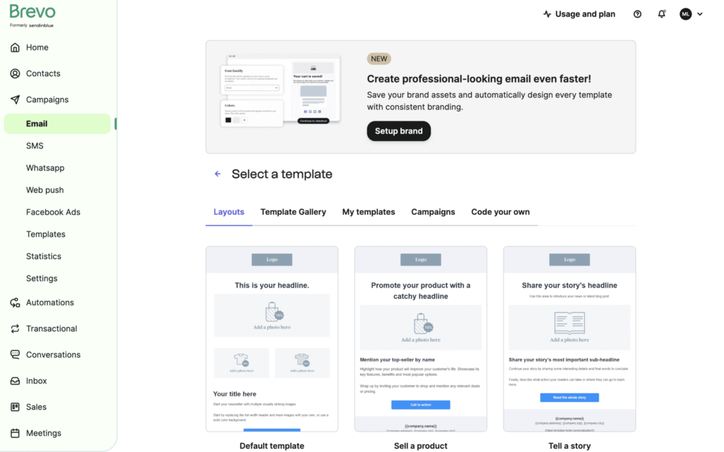 Email campaign templates and builder page by Brevo.