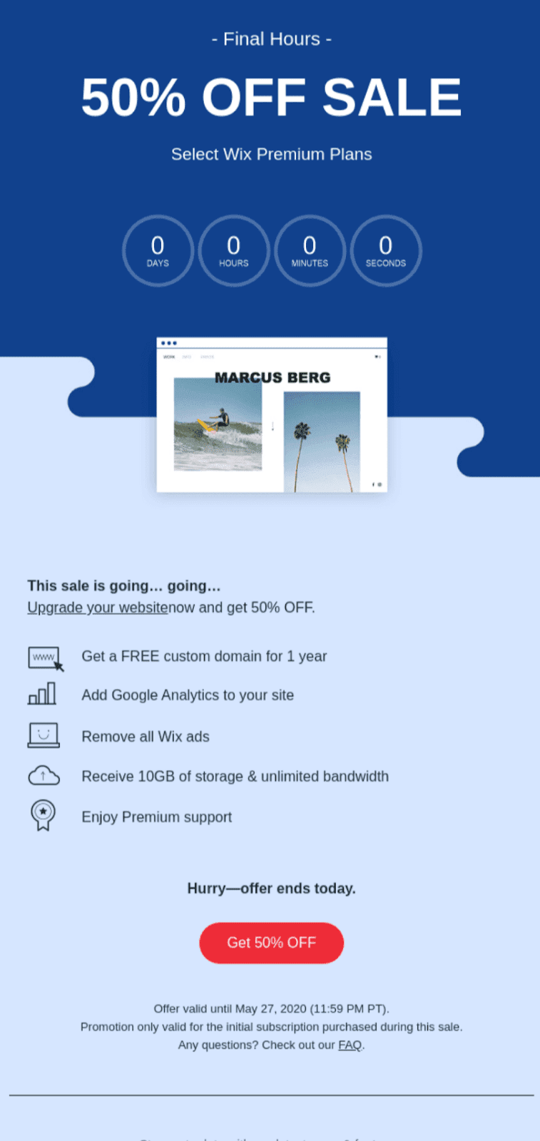 Green Monday sale email showing 50% off a product.