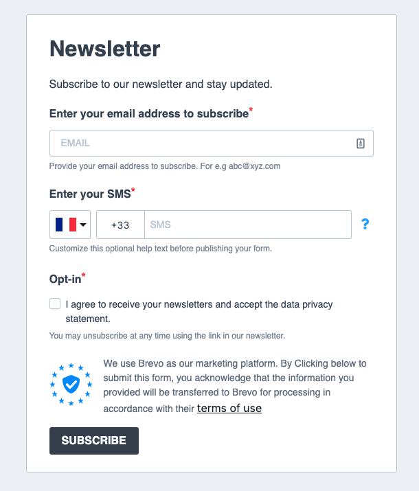 Shopify mailing list signup form on Brevo asking for a phone number
