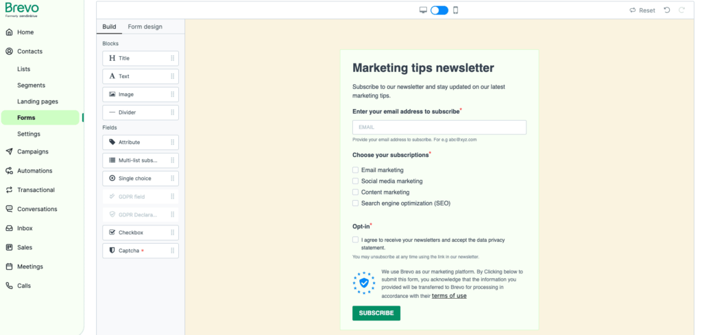 subscriber preference management on a signup form created with Brevo