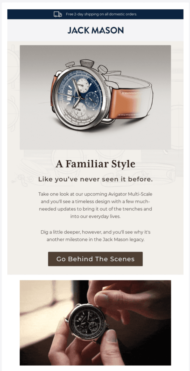 An email from a local business that sells watches as part of their marketing strategy. It shows a watch half made, half drawn and lets subscribers read behind the scenes.