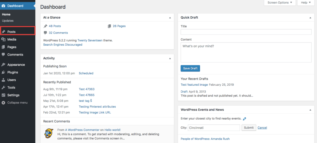 Screenshot of Wordpress dashboard demonstrating where to create blog posts on the platform.