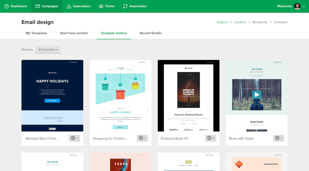 Screenshot of email newsletter templates on MailerLite's email marketing platform.
