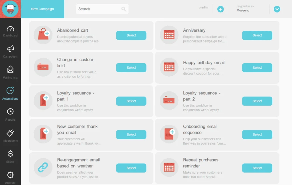 Screenshot of email marketing automation dashboard on Moosend, a cheap email marketing service.