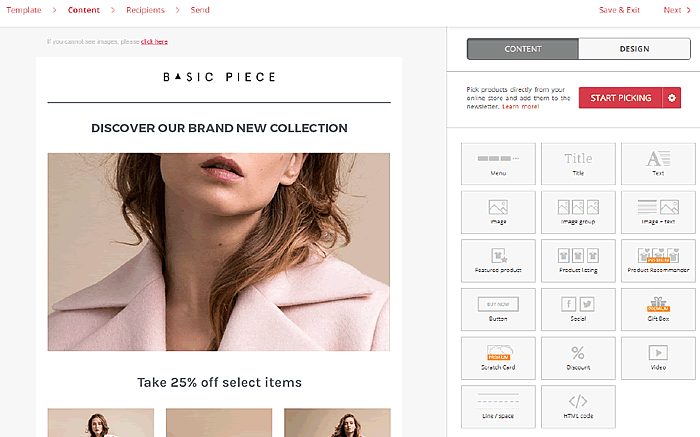 Screenshot of the newsletter drag-and-drop editor by Omnisend, a cheap email marketing service.