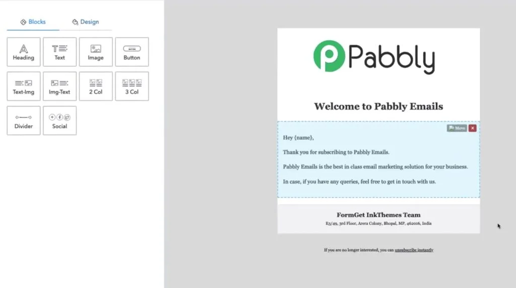 Screenshot of a drag and drop newsletter builder by Pabbly, a cheap email marketing service.