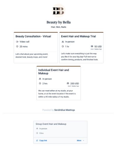 freelancer's booking page with different meeting types