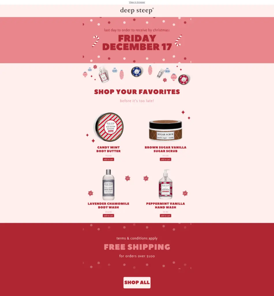 An email campaign by Deep Steep highlighting the last day to get gift orders before the holidays.