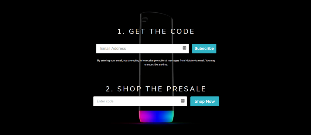 Spark Hydrate's sign-up form which gives new subscribers a discount code.