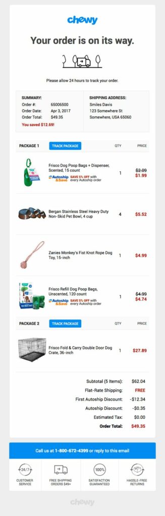 chewy shipping confirmation transactional email example