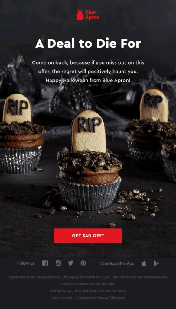 Blue Apron Halloween email copy example for Halloween email marketing campaign.