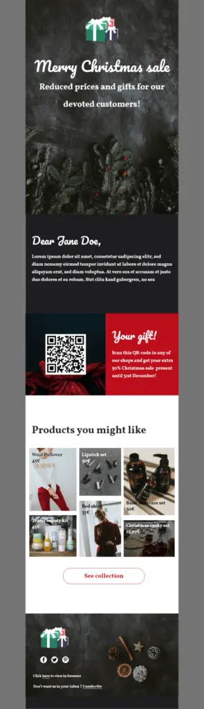 A winter holiday email template by Brevo with black and white images of pine trees and forests. It says "Merry Christmas sale" on it.