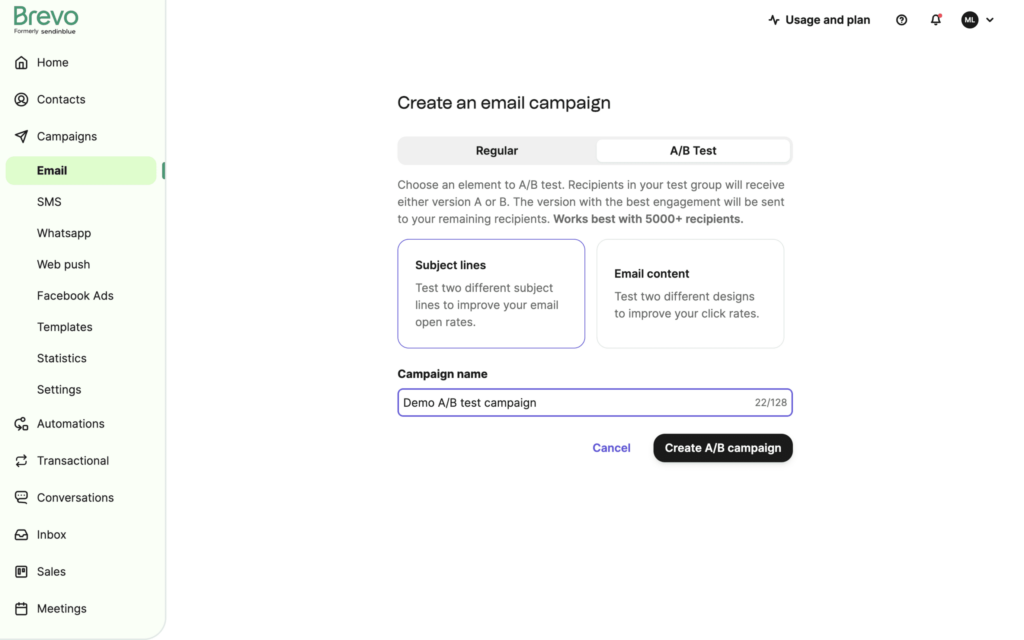 A/B testing dashboard on Brevo