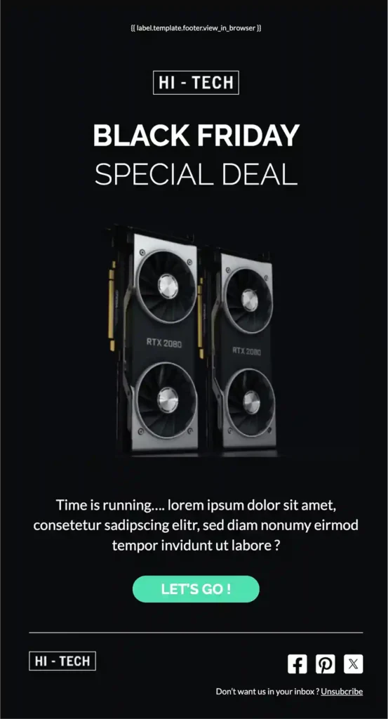 This Black Friday holiday email template is all in black and has a countdown to Black Friday. There is a picture of a speaker under the countdown.