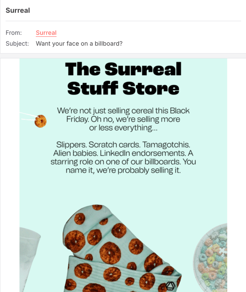 An example of a curiosity-sparking email subject line from Surreal