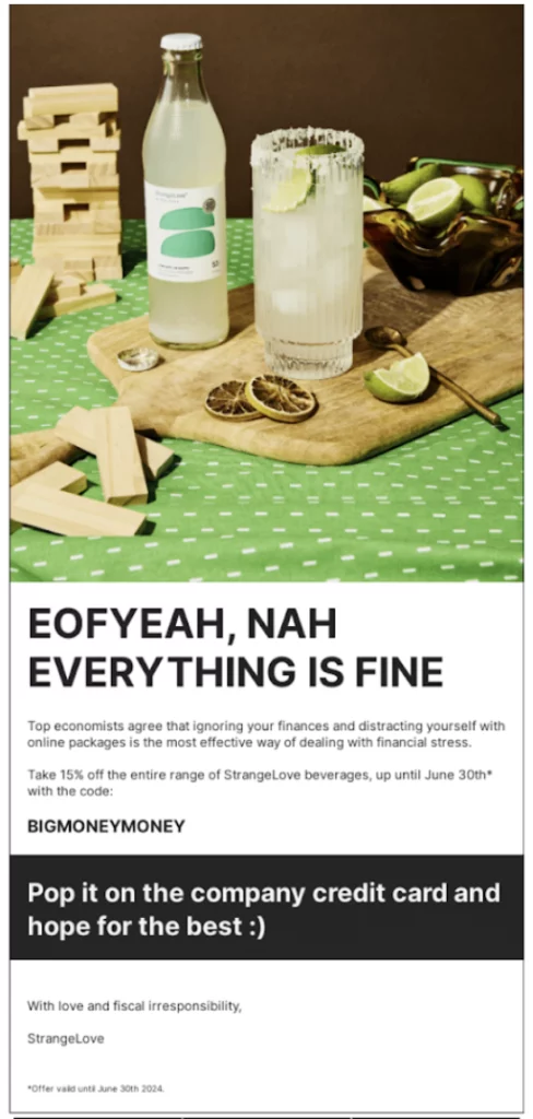 An example of an interesting email marketing copy from Stranger Love Beverages