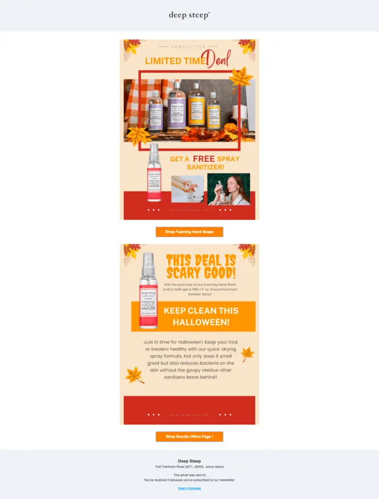Halloween email marketing campaign by Deep Steep. It shows limited time deals for products.