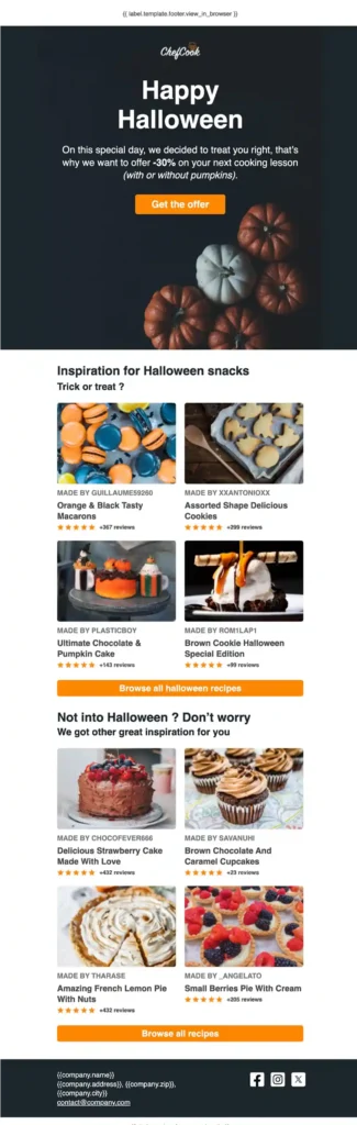 This holiday email template is for Halloween and shows pumpkins and recipes, all with black, orange and pumpkins.