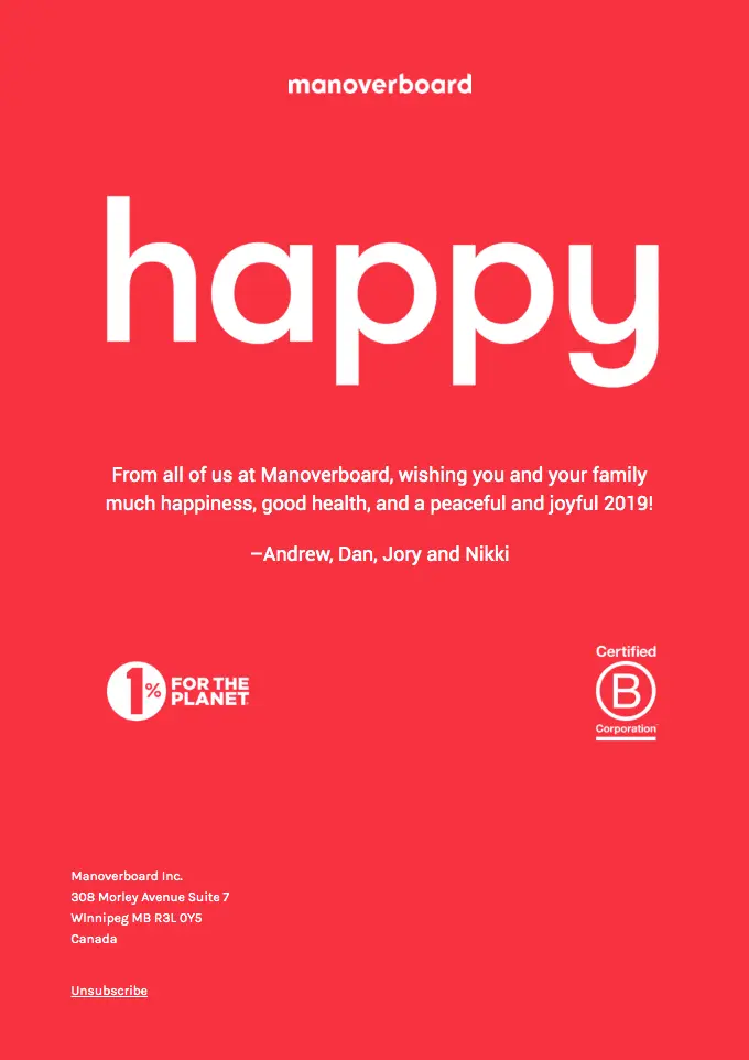This holiday email template by Manoverboard shows a red background with white text that shares a holiday email greeting.
