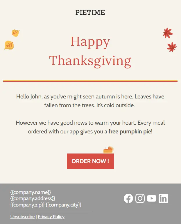 Thanksgiving email template with simple design.