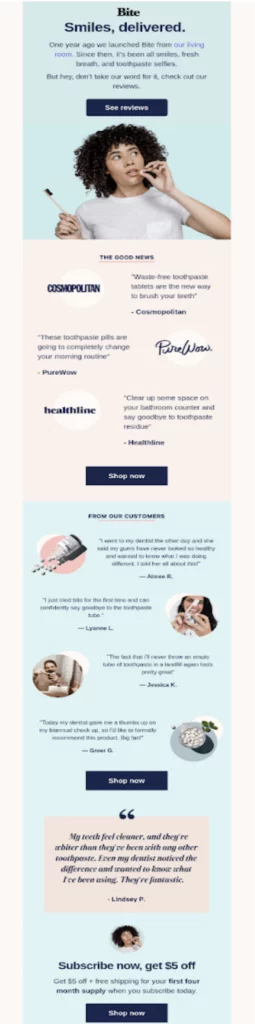 Example of a social proofing email from Bite, using customer reviews as authentic endorsements