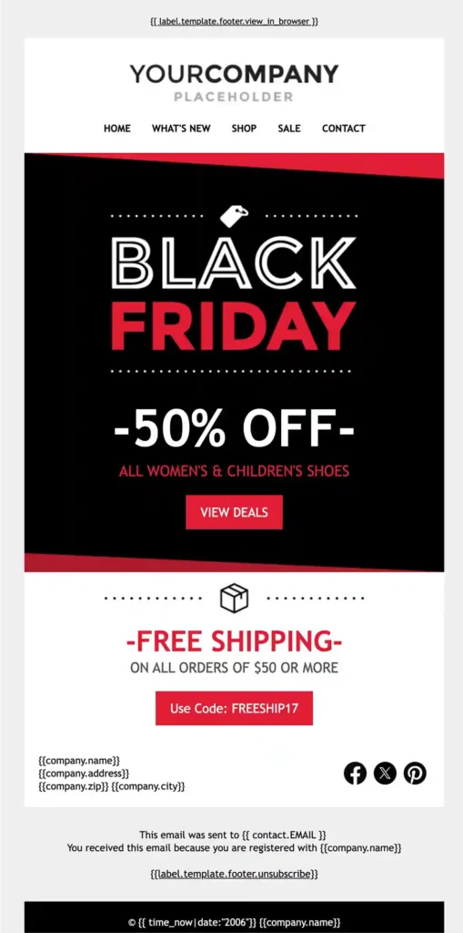 Black Friday special offer holiday email template by Brevo.