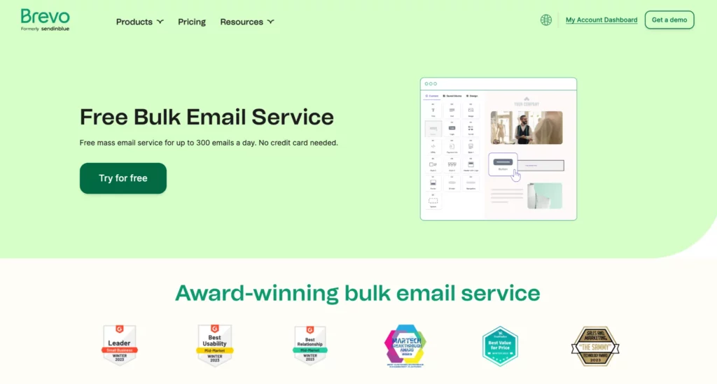 Landing page of Brevo, a Mad Mimi alternative