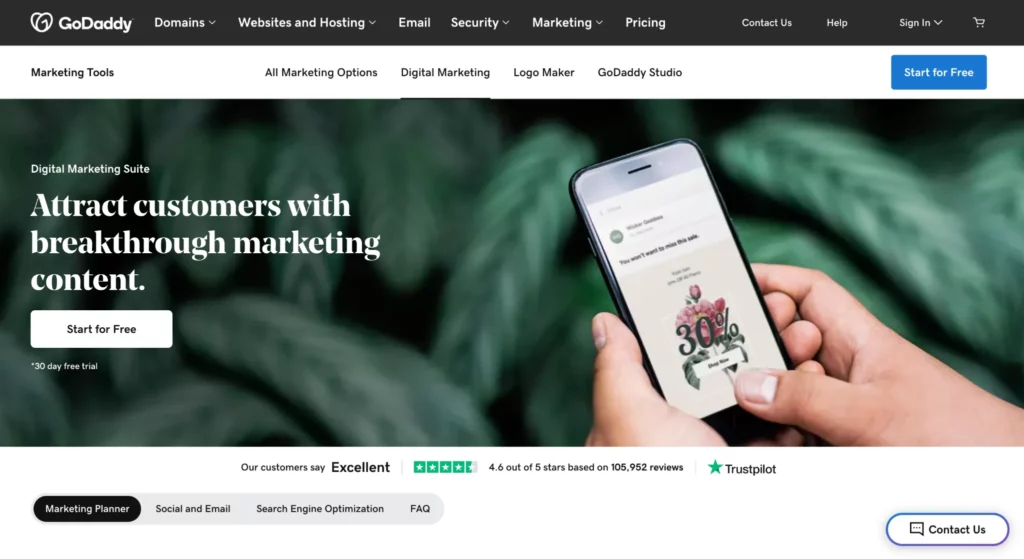 Home page of GoDaddy, a Mad Mimi alternative