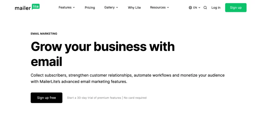 Landing page of MailerLite, a Mad Mimi alternative