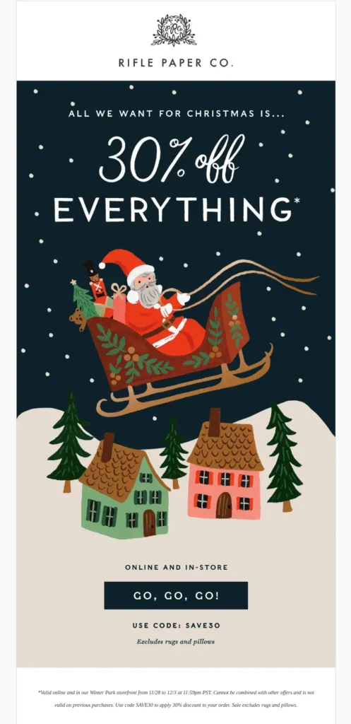 This is a marketing Christmas email that shows a sale for 30% off. The image has Santa Claus on a sleigh over a snowy village.