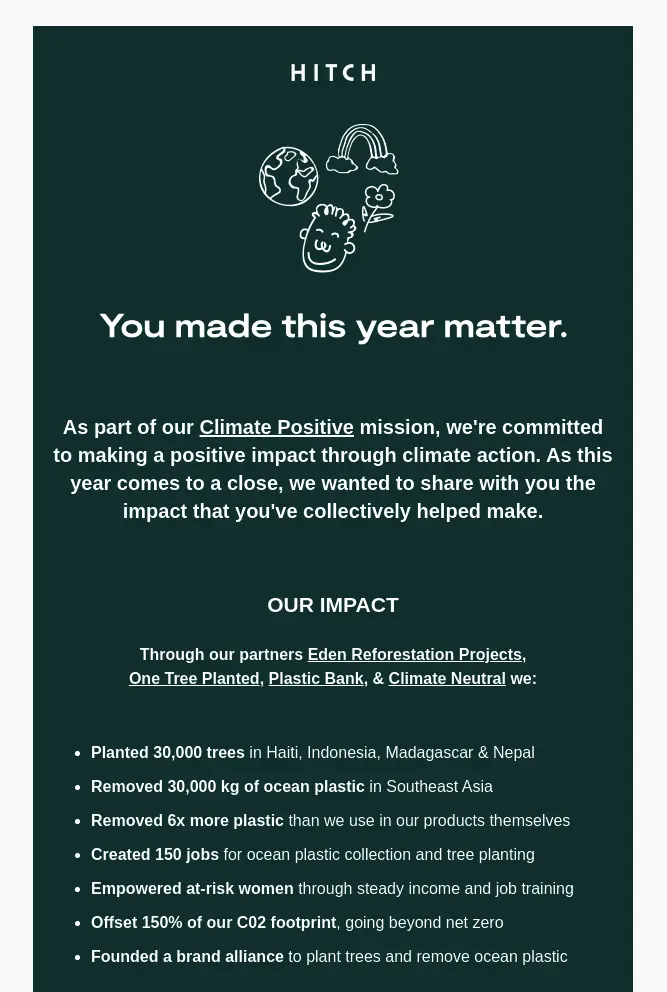 a Christmas email example showing end of year achievements for an environmental company.