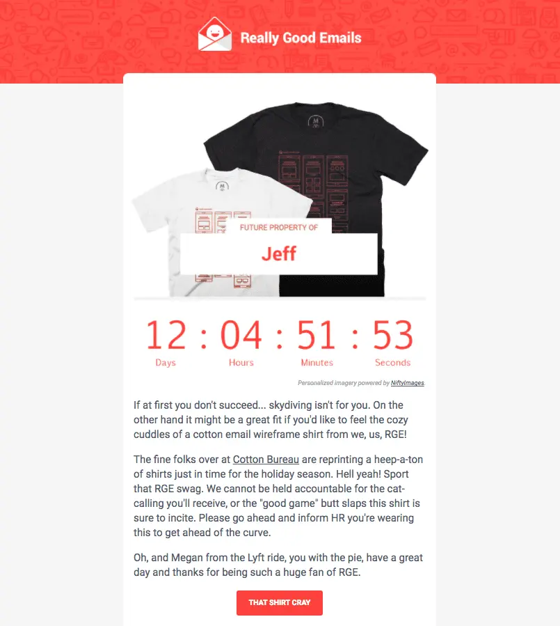 A holiday campaign by Really Good Emails including company swag with custom name