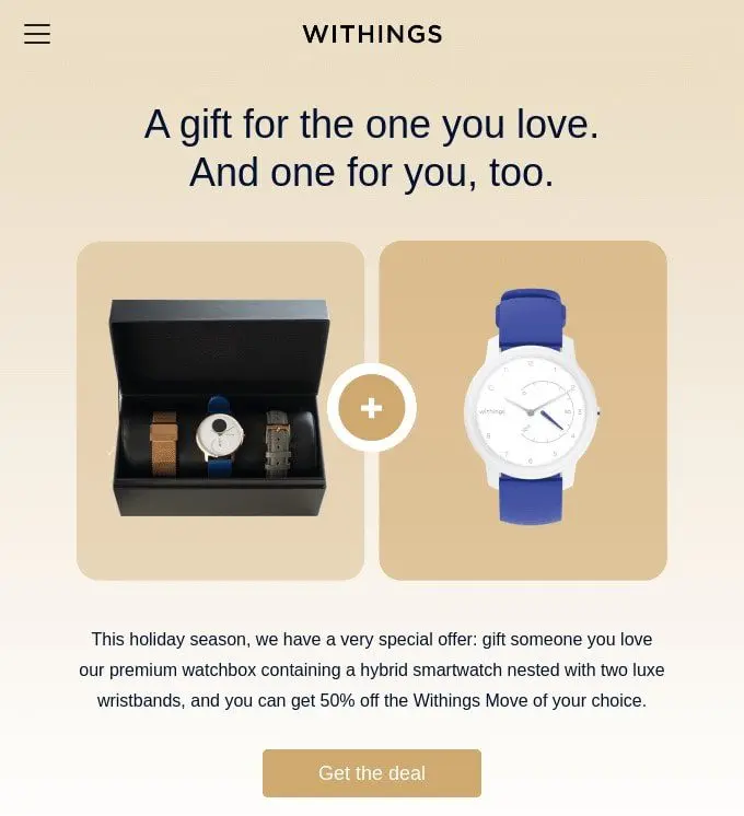 Christmas newsletter idea: Holiday email example by Withings offering a discount for multiple items bought together