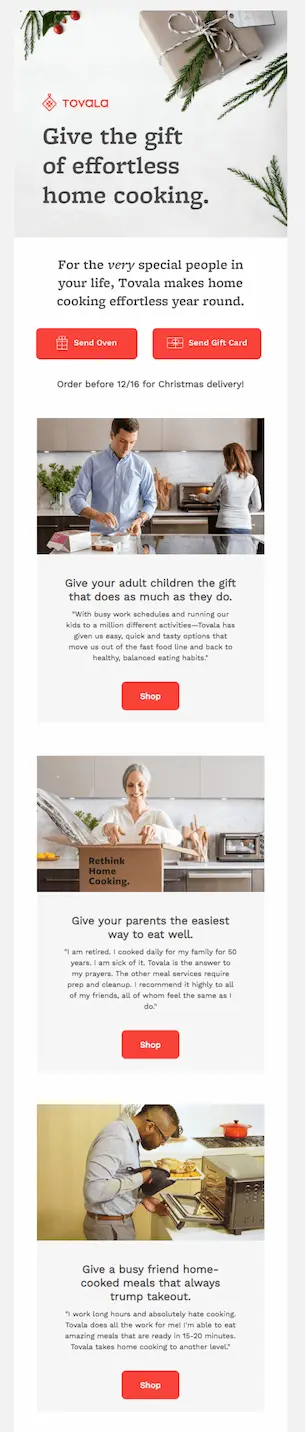 This Christmas newsletter idea shows a holiday email gift guide for cooking supplies. There are different sections with buttons to see more items for specific people in the family.