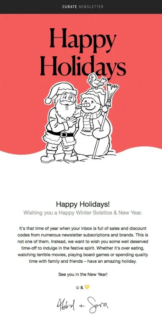 Happy Holidays email newsletter from Curate Labs. The email is red with a white cutout snowman and Santa hugging.