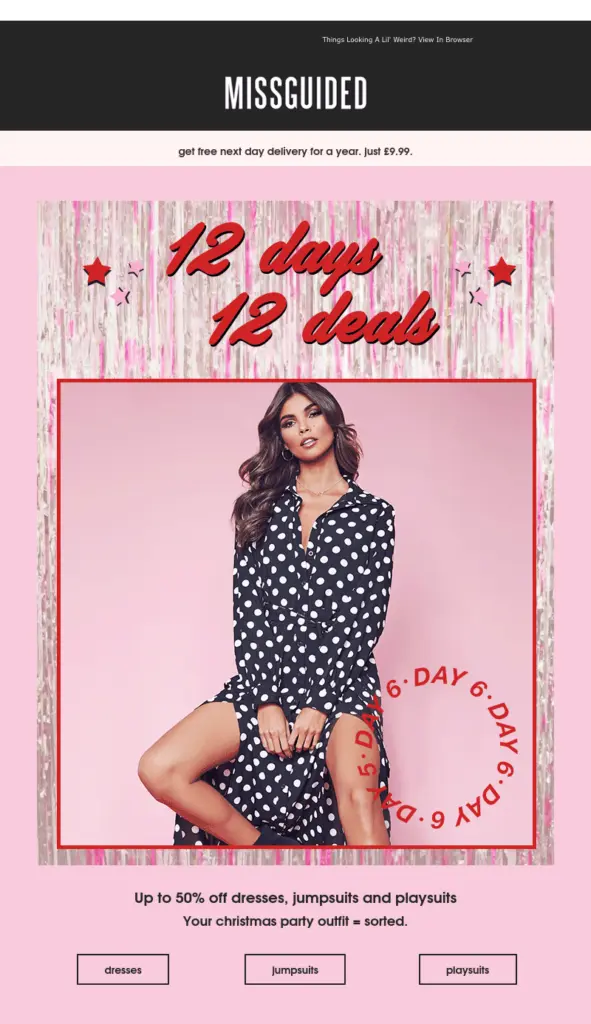 Christmas email example by a clothing company. This email shows 12 days of deals and is in all pink.