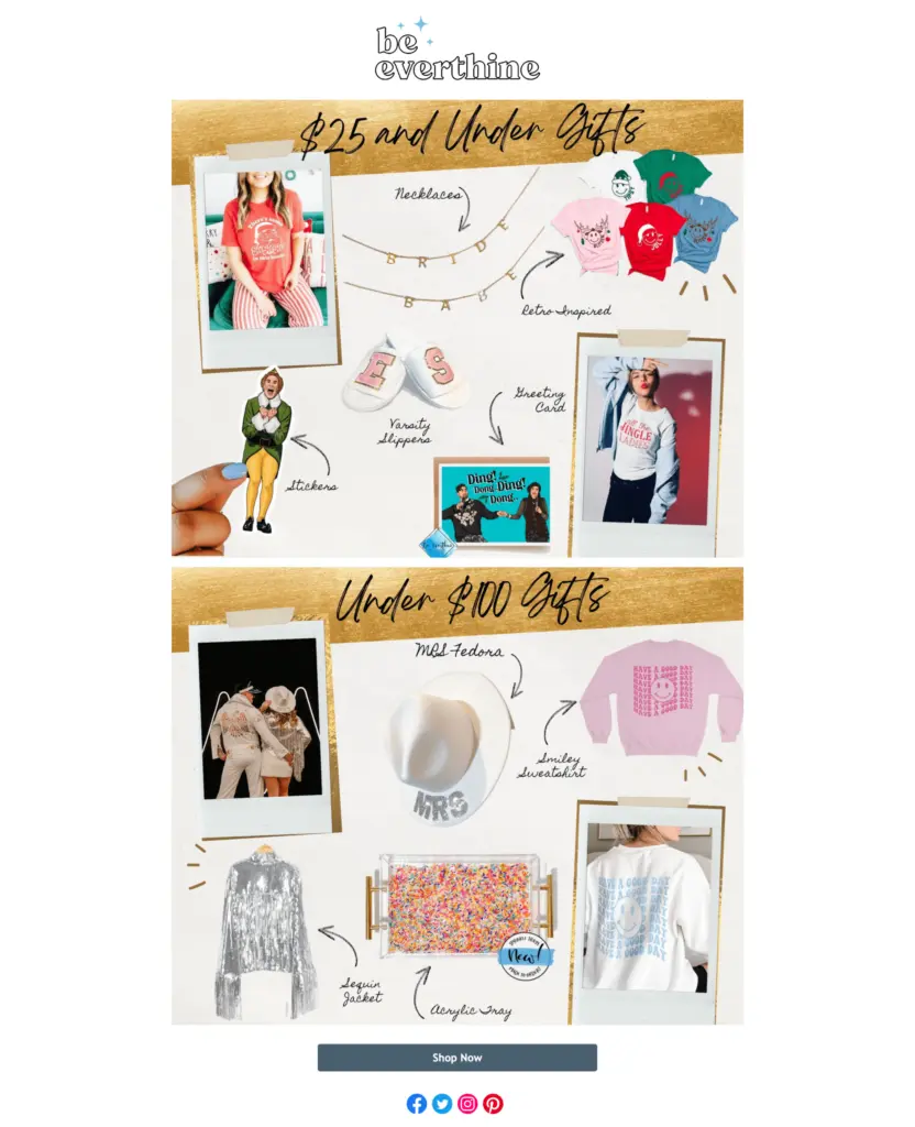 Marketing Christmas email showing budget gift ideas.